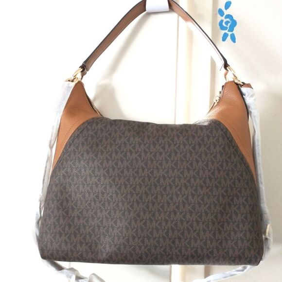 New! MICHAEL KORS MK Signature Logo Aria Large Shoulder Bag Crossbody Bag Brown - Picture 6 of 8